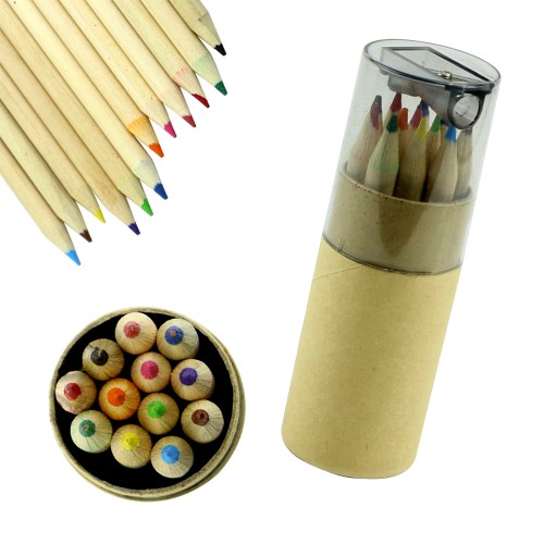 Mini kleurpotloden met slijper, 8.5cm in koker (12 stuks)