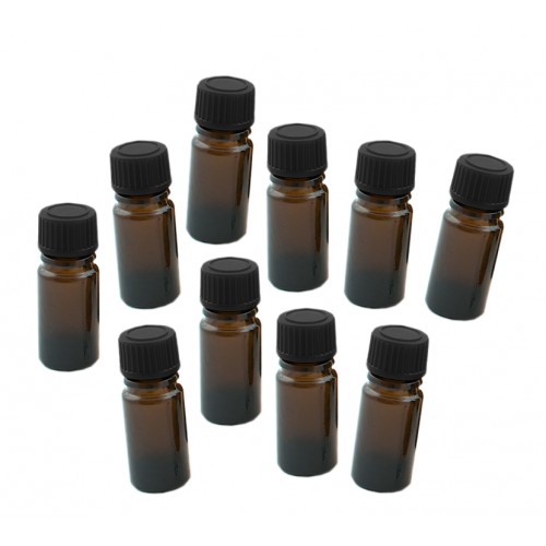 10 x glazen flesje 20 ml met zwarte dop, 3x8 cm