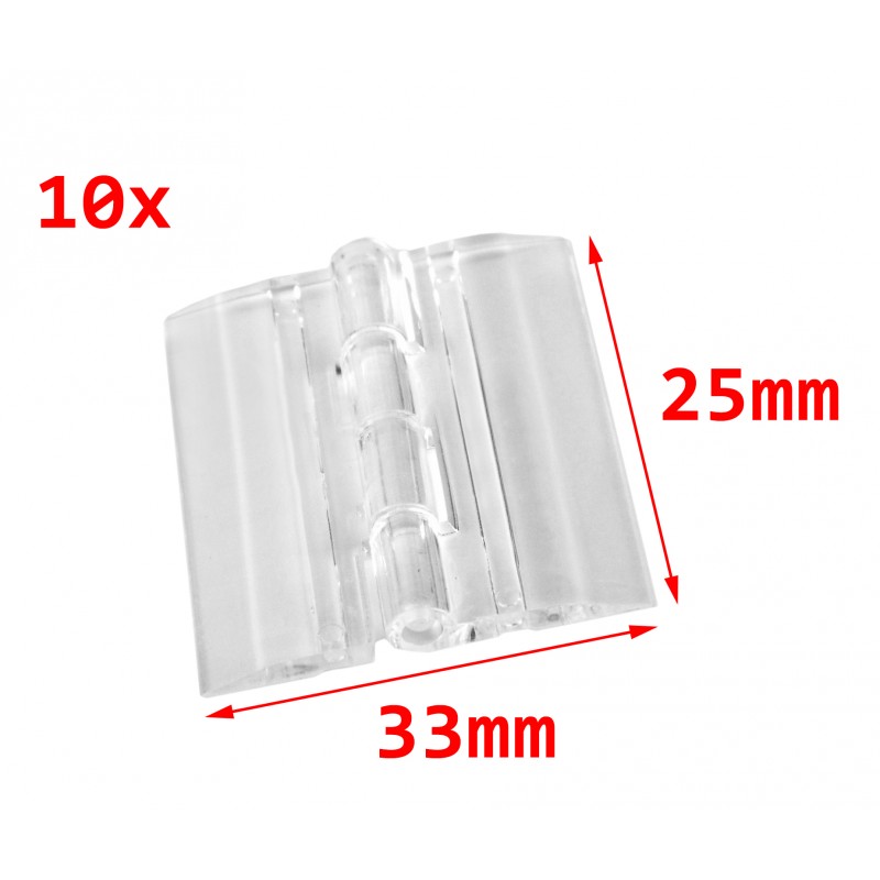 10 plastic hinges, transparent, 25x33 mm