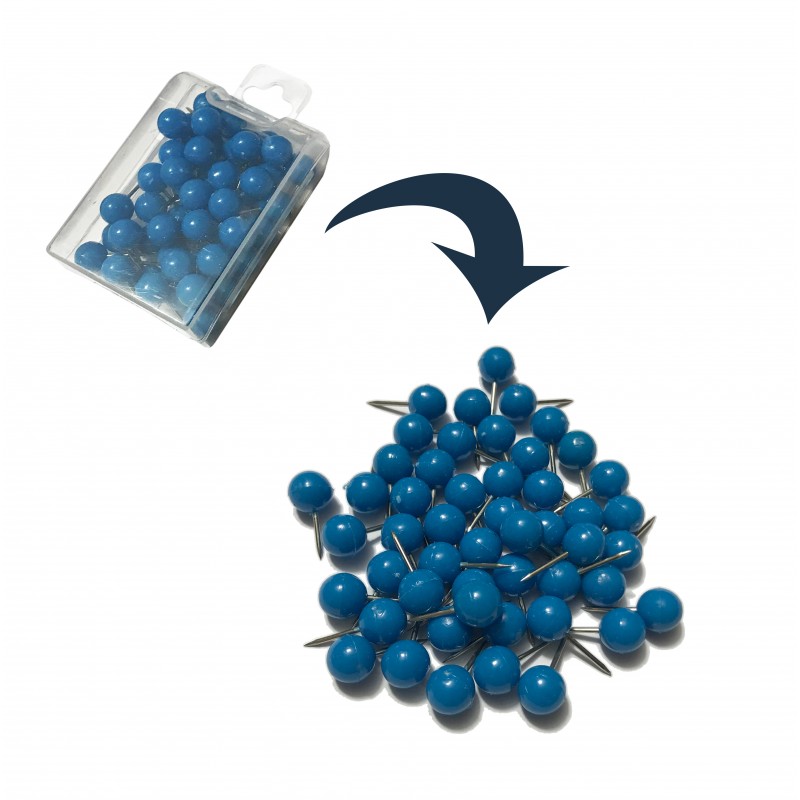 Punaises met bolle kop in doosje, blauw, 50 stuks