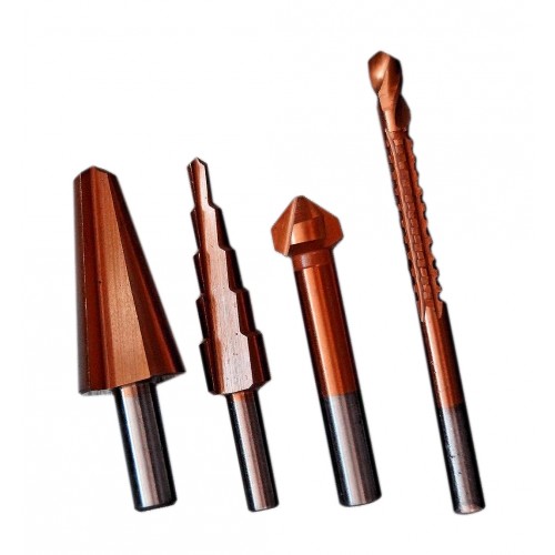 Set van diverse boren (stappenboor, verzinkboor, ..)