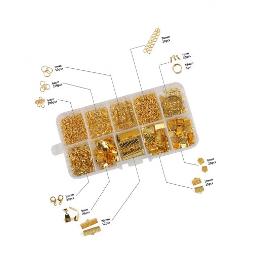Doosje met ringetjes en klemmen voor sieraden: goud