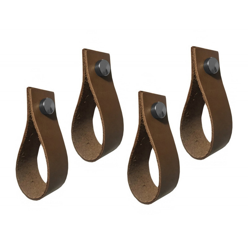 4 pieces leather handles, loops, for furniture, cognac