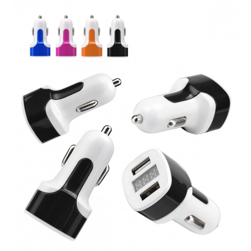 USB dual port car charger with display, purple